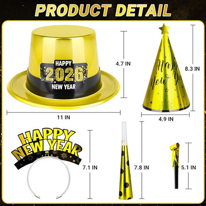 100PCS New Year's Party Supplies for 50 People - Headbands, Plastic Cardboard, 2026 Shiny Cone Hats, Horns, Fringed Blowouts - Gold, Silver, Black