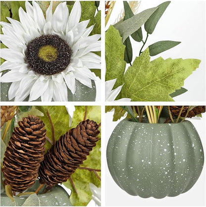Artificial Pumpkin Floral Arrangement with White Sunflowers & Autumn Leaves – Fall Table Centerpiece for Thanksgiving, Halloween & Harvest Décor – Rustic Farmhouse Pumpkin Autumn Décor