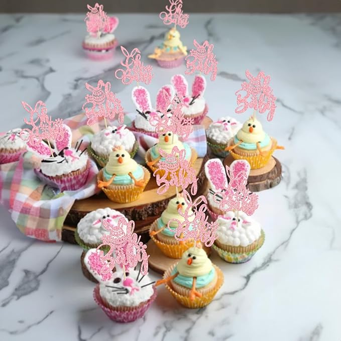 Ephlyn 24PC Happy Oh Baby Cupcake Toppers - Pink Glitter Bunny Babyshower Cake Topper Decorations - Birthday Party Supplies