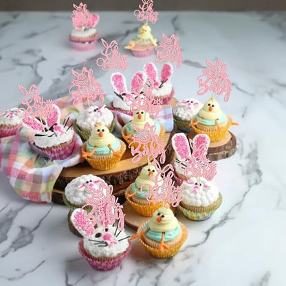 Ephlyn 24PC Happy Oh Baby Cupcake Toppers - Pink Glitter Bunny Babyshower Cake Topper Decorations - Birthday Party Supplies