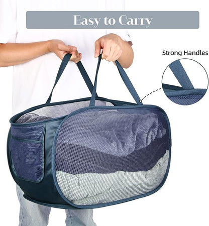 Durable Collapsible Laundry Baskets, Mesh Pop Up Laundry Hamper with Side Pocket, Foldable Clothes Hamper with Reinforced Carry Handles for Laundry, Bathroom, Kids Room, Dorm, Travel 2 Pack Navy Blue