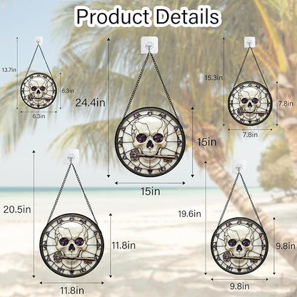 Stained Glass Window Hanging - Halloween Scary Skull Suncatcher for Doors Garden Home Spooky Purple Skeleton Key Sun Catchers Gothic Decor Horror Gifts for Women Men Friend Boy Girl 7.8 in