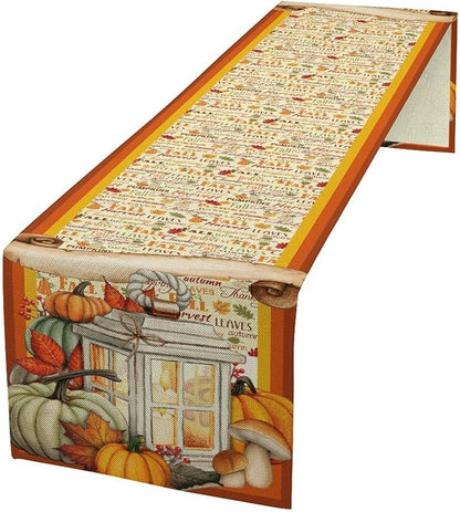 Fall Pumpkin Table Runner Rustic Farmhouse Mushrooms Leaves Berries Lanterns Thanksgiving Theme Home Decor for Farmhouse Indoor Outdoor Party Holiday Dining Kitchen Restaurant Cafe W13xL36in