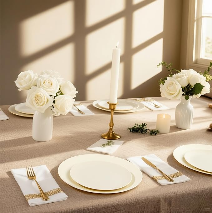 WONDERFUL 32pcs Heavy Duty Plastic Plates Reusable Unbreakable & Dishwasher safe Ivory Plastic Plates Dishes Set Wedding Plate Frosted Design Includes:16 Dinner 10" and 16 Dessert Plate 7.3"