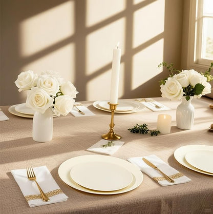 WONDERFUL 32pcs Heavy Duty Plastic Plates Reusable Unbreakable & Dishwasher safe Ivory Plastic Plates Dishes Set Wedding Plate Frosted Design Includes:16 Dinner 10" and 16 Dessert Plate 7.3"