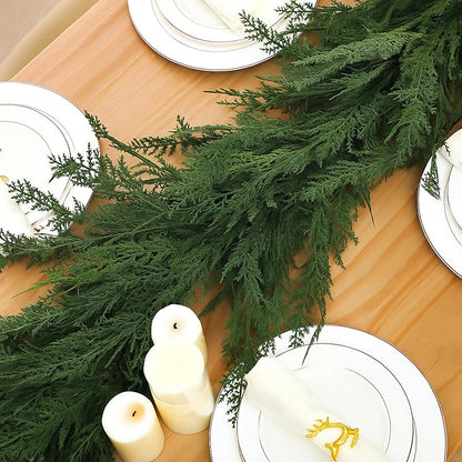 Jutom 1 PCS 6 ft Christmas Cedar Garland - Green Artificial Realistic Cedar Garland Faux Decoration for Table, Mantel, Wall Winter Holiday Party