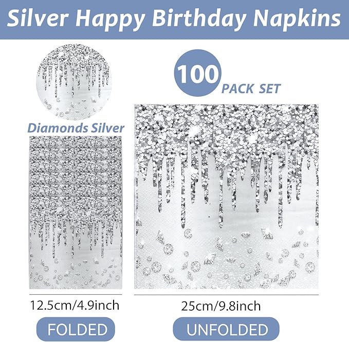100PCS Silver Party Paper Napkins Happy Birthday Supplies Glitter Decorations Silver Diamond Theme Disposable Paper Lunch Napkins for Adults Kids Birthday Wedding Bridal Shower Favors
