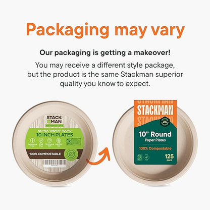 Paper Plates, 100% Compostable Heavy Duty Disposable 10 Inch Plate - [125-Pack] - {PFAS-Free} - {BPI Certified} Eco-Friendly, Biodegradable Bagasse