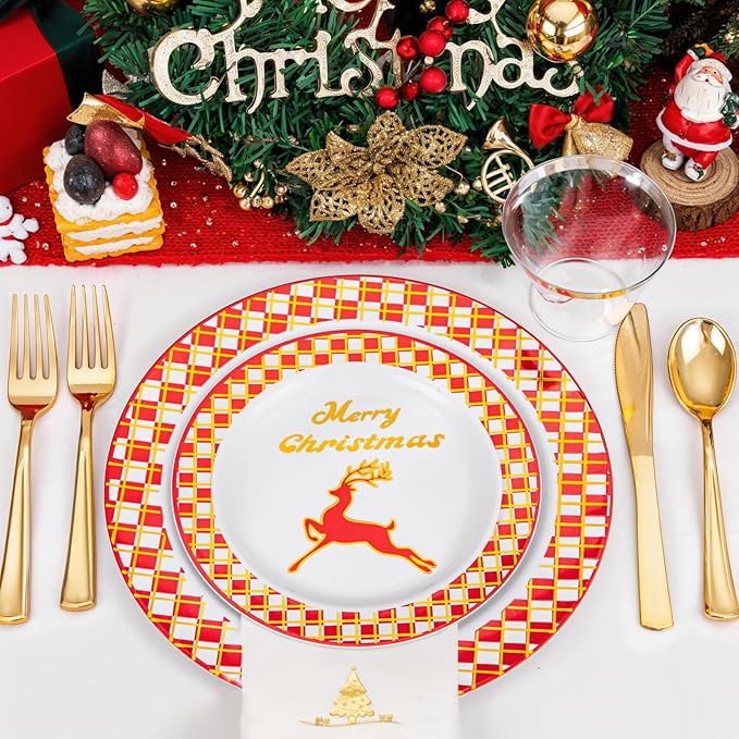 Ciaell 175PCS Christmas Plastic Plates - Red and Gold Plaid Plates include 25Dinner Plate, 25Dessert Plate, 25Knives, 25Forks, 25Spoons, 25cups, 25 Christmas Napkins for Christmas Party