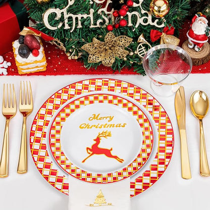 Ciaell 175PCS Christmas Plastic Plates - Red and Gold Plaid Plates include 25Dinner Plate, 25Dessert Plate, 25Knives, 25Forks, 25Spoons, 25cups, 25 Christmas Napkins for Christmas Party