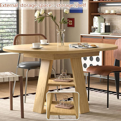 43.3in-59in Extendable Round Dining Table for 4-8,Modern Kitchen Oval Dining Table with Removable Leaves Space Saving,Wood Base with Storage Shelf for Kitchen Living Room (Wood Color)