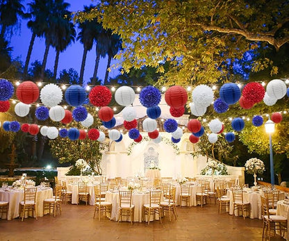 KAXIXI Hanging Party Decorations Set, 15pcs Navy Blue White Red Paper Flowers Pom Poms Balls and Paper Lanterns for 4th of July Decorations Patriotic Decoration Wedding Birthday Baby Shower