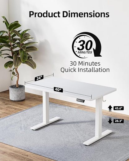 TIQLAB Height Adjustable Electric Standing Desk, 40 x 24 inch, Sit Stand Up Desk, Splice Board, Computer Home Office Desk, White Top
