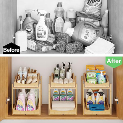 Bamboo Under Sink Organizer and Storage, 2 Pack Pull Out Cabinet Organization, 2 Tier Vertical Slide Out Undersink Storage Shelf, Multi-Purpose Organizer Shelves for Kitchen Bathroom Medicine