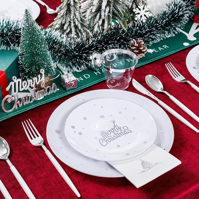 Nervure 175PCS Christmas Plastic Plates - White and Silver Disposable Plates & Silver Plastic Silverware with White Handle include 50 Plates 25Knives 25Forks 25Spoons 25Napkins for Christmas Party