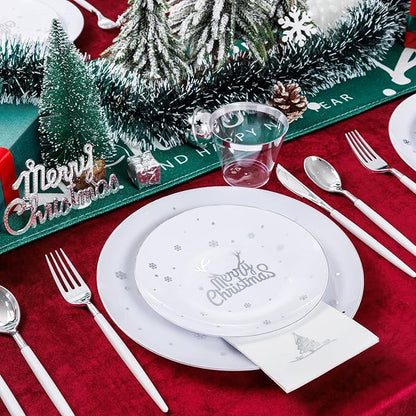 Nervure 175PCS Christmas Plastic Plates - White and Silver Disposable Plates & Silver Plastic Silverware with White Handle include 50 Plates 25Knives 25Forks 25Spoons 25Napkins for Christmas Party