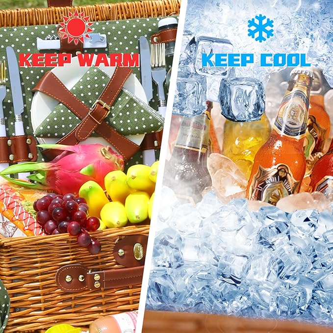 Picnic Basket for 4 Persons with Waterproof Picnic Blanket and Insulated Cooler, Large Wicker Picnic Basket for Camping, Outdoors, Valentine's Day, Christmas, Birthday, Wedding Gift