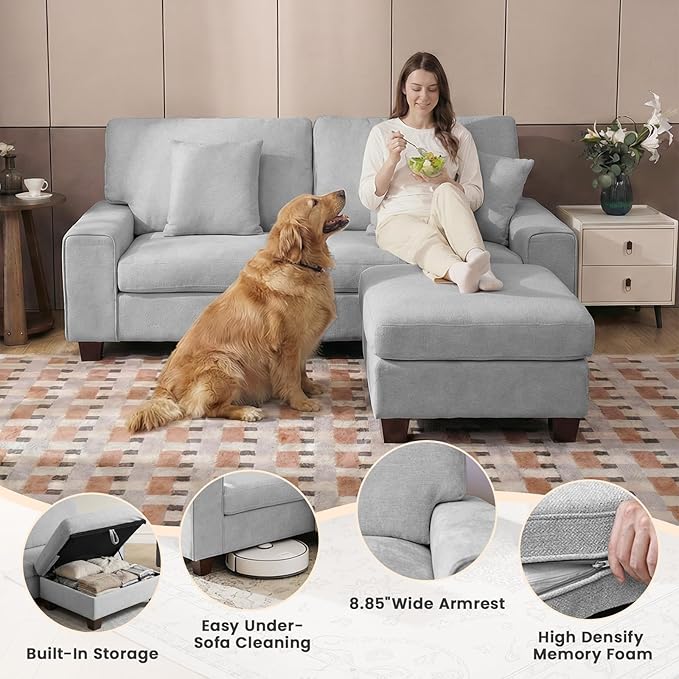 DOPEDIO L-Shaped Sectional Sofa with Storage Ottoman, Modern Chenille Recliner Loveseat, Removable Couch Covers, Pocket Spring Cushions, Solid Wood Frame, Easy to Install (71.25inch, Light Gray)