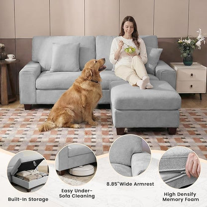 DOPEDIO L-Shaped Sectional Sofa with Storage Ottoman, Modern Chenille Recliner Loveseat, Removable Couch Covers, Pocket Spring Cushions, Solid Wood Frame, Easy to Install (71.25inch, Light Gray)