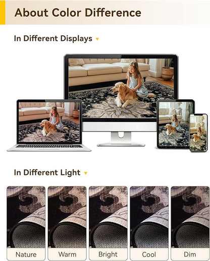 Area Rugs 10'x14' Washable Non-Slip, Floral Vintage Distress Print Pattern Medallion Carpet for Living Room Bedroom Dining Room, Black Brown Neutral Dark Tan