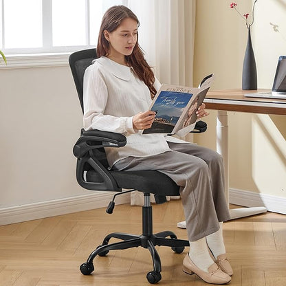 Ergonomic Office Chair, Desk Chair with Adjustable Lumbar Support, Breathable Mesh Comfy Computer Chairs with Flip-up Armrests Executive Task Chair for Adults Home Office(Black)