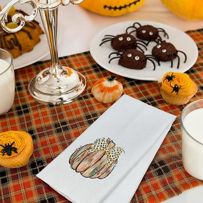 Glitter Pumpkin Fall Kitchen Towels, Coquette Bow Pumpkin Dish Tea Towels for Kitchen Decor, Preppy Girly Autumn Thanksgiving Decorative Hand Towel for Bathroom, 16x24 Inches