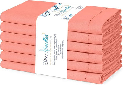 Blue Needles Set of 6 Hemstitch Linen Napkins 100% Cotton Salmon Cloth Dinner Napkins 18x18 inches, Soft, Reusable, Absorbent, Washable, Ideal for Fall Thanksgiving Events, Parties & Everyday Use