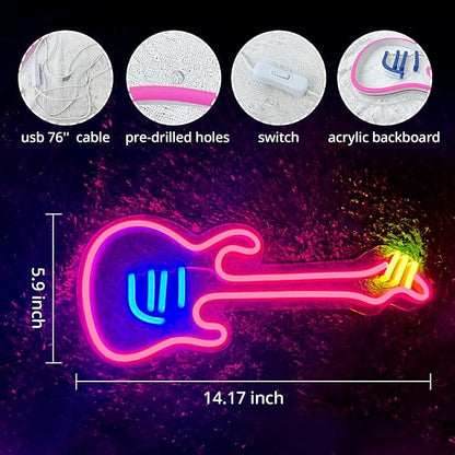 Guitar Neon Sign Light, On/Off-Switch Neon Sign for Wall Decor, LED Light Sign for Bedroom Decor, Girls Room, Christmas Gifts, Bar, Party, Wedding, Easily-Install with Hooks, Chain, Adaptor (14"x6")