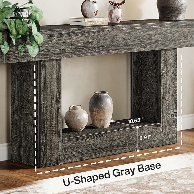 Tribesigns 63" Console Table, Farmhouse 2-Tier Entryway Table with U-Shaped Base, Narrow Long Wood Sofa Table Behind Couch Table for Living Room, Hallway, Foyer, Gray