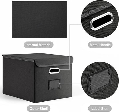 Collapsible File Box with Lid & Plastic Slide - Hanging Document Organizer for Office/Home, 14.96x12.6x10.83 Inch,Black, 2 Pack (No Folders Included)