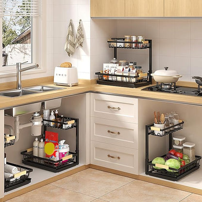 2 Packs Under Sink Organizer, Height Adjustable 2 Tier Under Kitchen Sink Organizer, Multi-Purpose Storage Shelf for Kitchen Bathroom Cabinet (Black, Large)