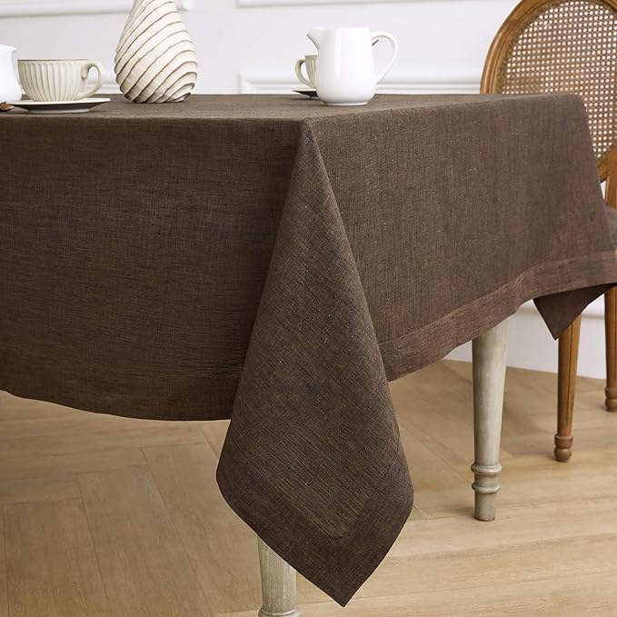 Solino Home Linen Tablecloth 60 x 120 Inch - 100% Pure Linen Chambray Brown Table Cloth for Rectangle Tables - Athena, Machine Washable Tablecloth for Fall, Autumn
