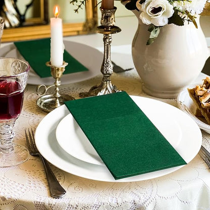 KAMMAK Dark Green Napkins Disposable with Pocket Cloth Like Dinner Paper Napkins 100 Pack Folded Guest Hand Towel for Party Decoration, Wedding Reception, Bathroom or Restaurant (16.5 x 16.5 inch)