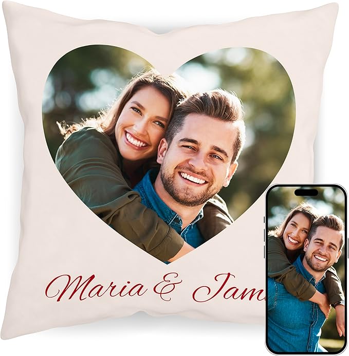 Be Burgundy Custom Heart Photo Pillow Cover 16x16 Inch – Personalized Couple Pillow with Names, Romantic Photo Cushion for Lovers, Engagement, Anniversary, or Wedding Gift for Him or Her