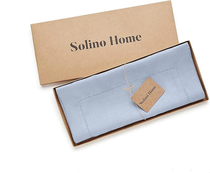 Solino Home Linen Sky Blue Table Runner 144 Inches Long - 100% Pure Linen Extra Long Table Runner 14 x 144 Inch for Christmas, New Year - Classic Hemstitch