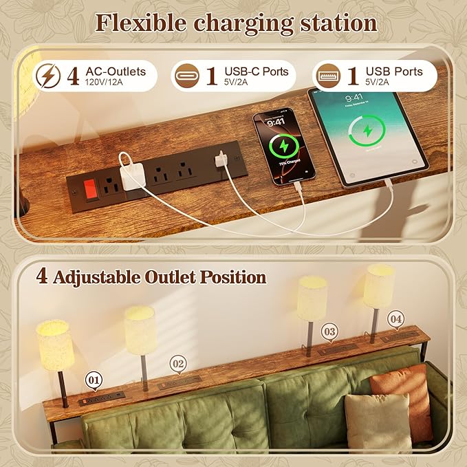 keomaisyto 78.8" Long Sofa Table with Lights & Charging Station - 4 AC outlets, 22"-32" Height Adjustable Behind Couch Console Table, Narrow Console Table, Slim Design for Living Room, Rustic Brown