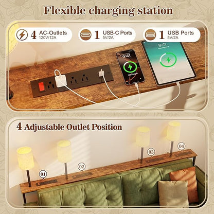 keomaisyto 78.8" Long Sofa Table with Lights & Charging Station - 4 AC outlets, 22"-32" Height Adjustable Behind Couch Console Table, Narrow Console Table, Slim Design for Living Room, Rustic Brown