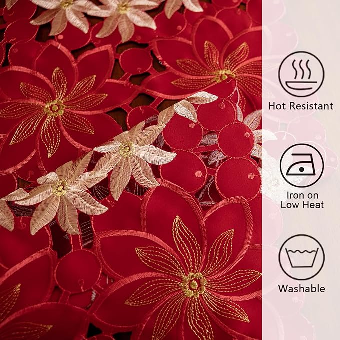Joyfol Day Christmas Embroidered Table Runner 14 x 69 Inch, Cutwork Red Gold Poinsettia Table Runners, Winter Holiday Flowers Table Linens for Xmas Party Decorations