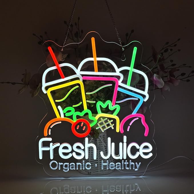 Fresh Juice Neon Sign, Neon Lights Hanging Wall Art Decoration for Juice Bar Shop Food Truck Market Bakeries Café Celebration Home Decor, USB Powered Ultra Bright Dimmable, 15.35×12.6inches