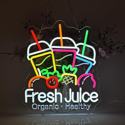 Fresh Juice Neon Sign, Neon Lights Hanging Wall Art Decoration for Juice Bar Shop Food Truck Market Bakeries Café Celebration Home Decor, USB Powered Ultra Bright Dimmable, 15.35×12.6inches