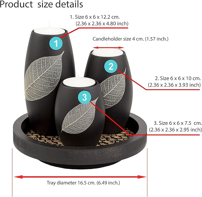 IYARA CRAFT Candle Holder Set with Tray – 3 Handmade Wood Tealight Holders, Black Leaf Design, Winter Home Décor, Spa-Inspired Holiday Centerpiece & Elegant for Women, Mom, Housewarming