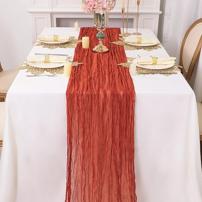 Snowkingdom 6PCS 10Ft Terracotta Cheesecloth Table Runner Bulk, 120inch Long Rust Cheese Cloth Boho Gauze Runner for Wedding Bridal Shower Rustic Sheer Fall Thanksgiving Table Decorations