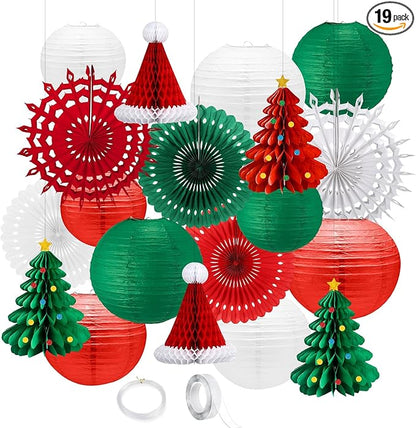 Christmas Paper Lanterns Decoration,19PCS Red Green Lanterns Handmade with Tape and String, Fans,Hanging Paper,Santa Hat for Christmas Party, New Year Eve Party