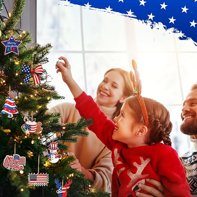 36 Pcs Patriotic Christmas Tree Ornaments Wood Red White Blue Christmas Ornament Hanging America Flag Santa Gnome Decorations for Xmas Tree Home Decoration Gifts