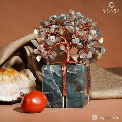 KARMAPLEDGE Crystal Tree of Life Feng Shui Decor for Home and Office, Labradorite Chakra Healing Crystal Handmade Tree for Positive Energy, Money, Good Luck, Christmas Decor, Birthday Gifts for Women