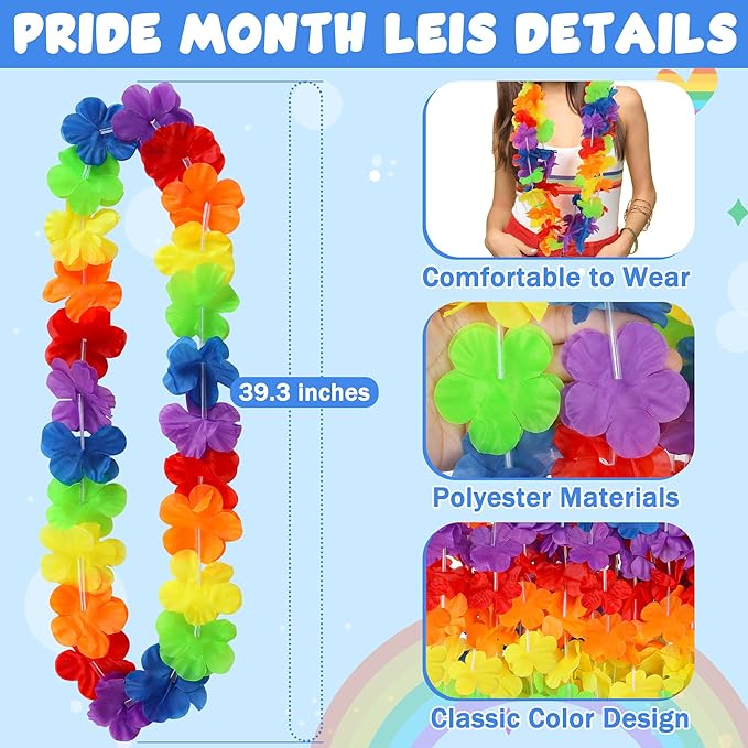 Pride Accessories, 24pcs LGBTQ Floral Leis Decorations Bulk, Rainbow Pride Month Silk Flower Leis Stuff, LGBT Gay Lesbian Accessories for Pride Parade Tropical Hawaiian Luau Party Decorations