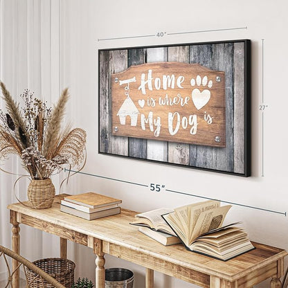 ElephantStock Home Is Where My Dog Is Wall Art - Horizontal Floating Framed Canvas - 1-Piece Living Room Wall Decor - Pet Digital Art Canvas Print - Gray and Beige Decor for Wall - 40" X 27"
