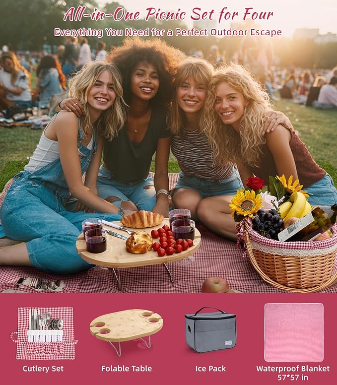 Picnic Basket for 4 with Table and Blanket Collapsible Cooler Bag Insulated Picnic Set for Beach Picnic Hamper Picnic Date Essentials for Outdoor Picnic Accessories Wedding Gift/Bridal Shower Gift