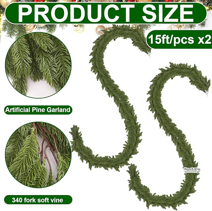 Lyrow 2 Pcs 15 ft Artificial Pine Greenery Garlands Deluxe Faux Thick Real Touch Winter Pine Garland Artificial Greenery Wreath for Table Fireplace Mantle Indoor Outdoor Christmas Decorations