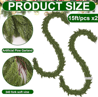 Lyrow 2 Pcs 15 ft Artificial Pine Greenery Garlands Deluxe Faux Thick Real Touch Winter Pine Garland Artificial Greenery Wreath for Table Fireplace Mantle Indoor Outdoor Christmas Decorations